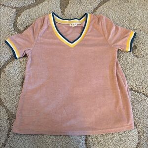 POL Pink V-Neck Top with Yellow and Blue Trim